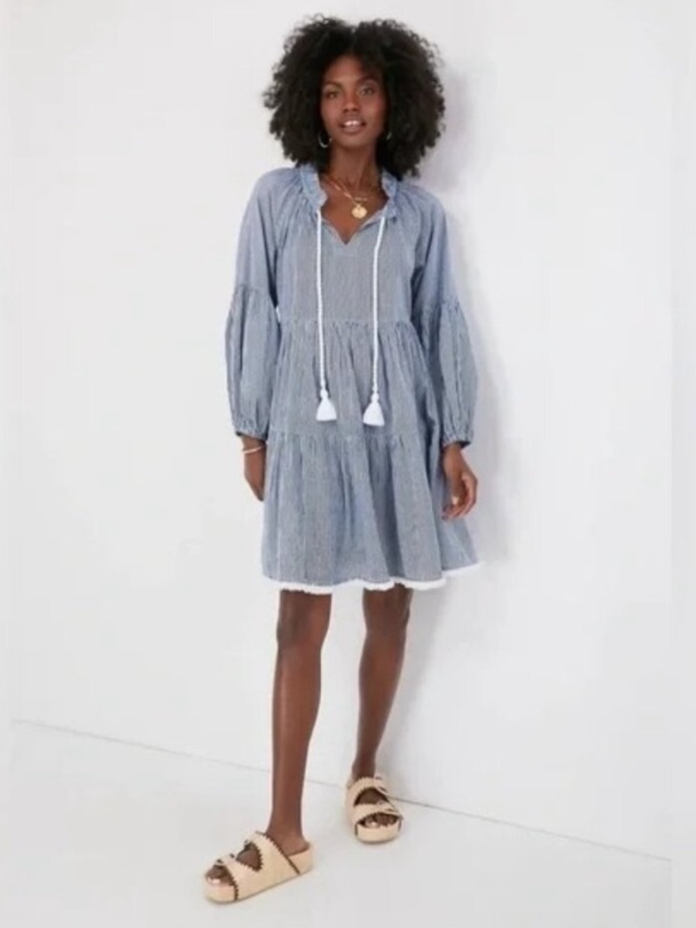 Tuckernuck Blue and White Striped Tiered Mini 100% Cotton Dress with Tassel